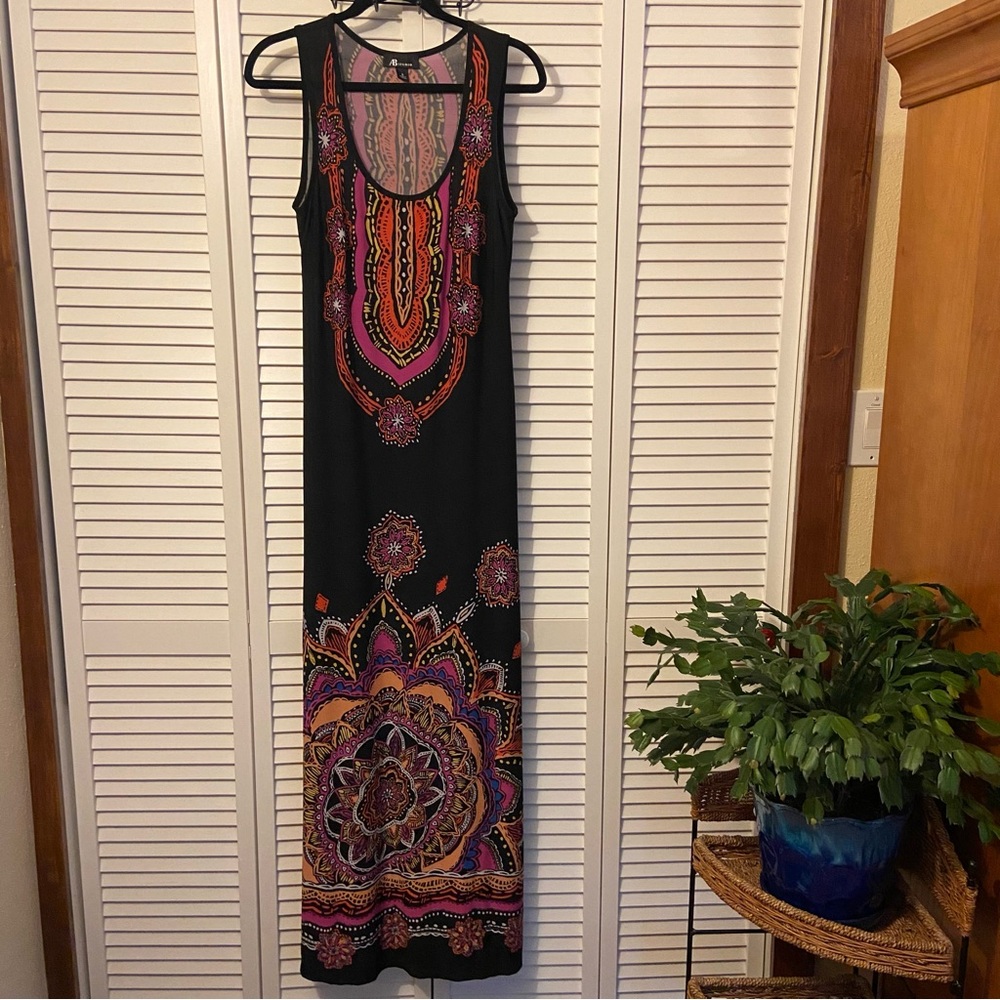 AB STUDIO Black Pink Orange Colorful Ethnic Print Maxi Dress women’s size Small